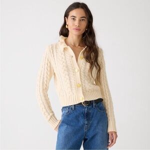 J.Crew Ruffleneck Cable Cardigan Sweater XXL White Cream BV351 Gold Buttons NWT